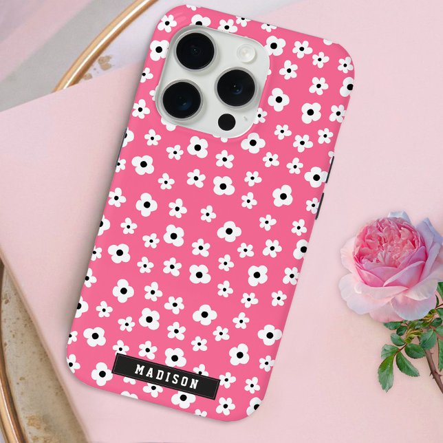 Custom Name Girly Pink White Flower Pattern Case-Mate iPhone Case (Creator Uploaded)