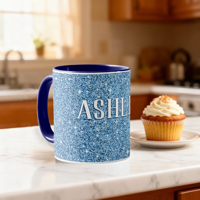 Custom Name Glam Blue Coffee Mug (Birthday gift idea! Personalized coffee mug with custom name.)
