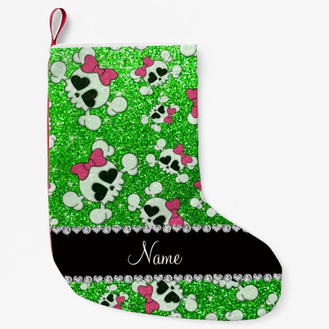 Custom name glitter lime green skulls pink bows small christmas stocking (Front)