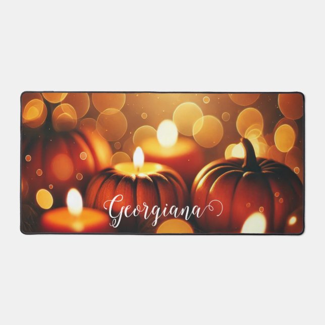 Custom Name Glowing Pumpkins Autumnal Bokeh Effect Desk Mat (Front)