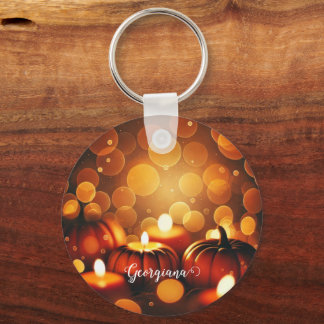 Custom Name Glowing Pumpkins Autumnal Bokeh Effect Key Ring