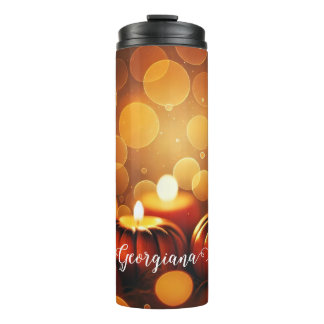Custom Name Glowing Pumpkins Autumnal Bokeh Effect Thermal Tumbler