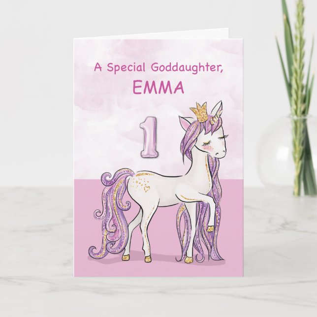 Custom Name Goddaughter 1st Birthday Pink Horse Card (Front)