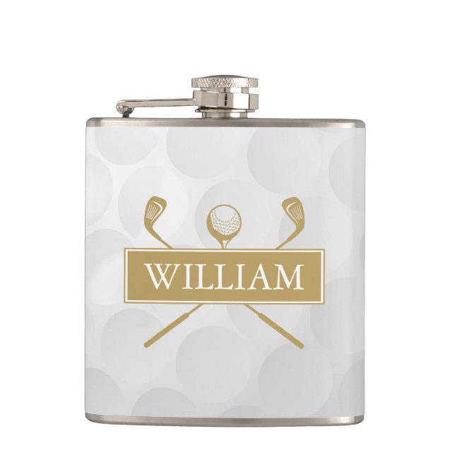 Custom Name Gold And White Clubs And Ball Hip Flask (Front)