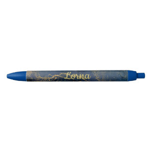 Custom Name Gold Blue Marble Swirl Black Ink Pen