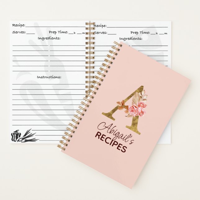 Custom Name Gold Blush Pink Roses Letter A Recipe Notebook (Inside)