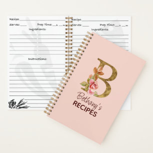 Custom Name Gold Blush Pink Roses Letter B Recipe Notebook