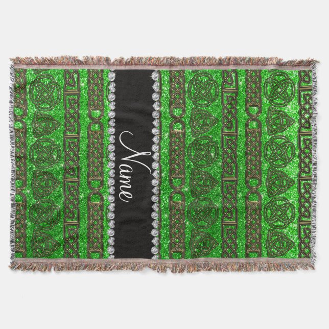 Custom name gold celtic lime green glitter throw blanket (Front)