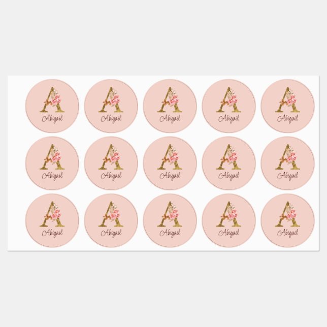 Custom Name Gold Foil Blush Pink Roses Letter A (Sheet)