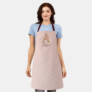 Custom Name Gold Foil Blush Pink Roses Letter A Apron