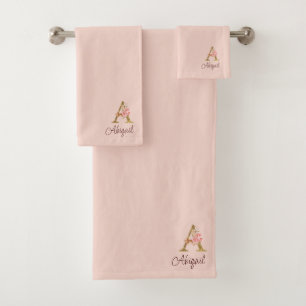 Custom Name Gold Foil Blush Pink Roses Letter A Bath Towel Set