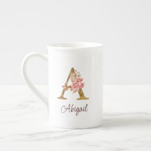 Custom Name Gold Foil Blush Pink Roses Letter A Bone China Mug