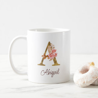 Custom Name Gold Foil Blush Pink Roses Letter A Coffee Mug