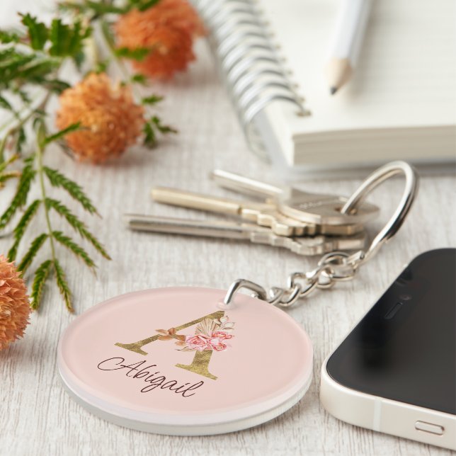 Custom Name Gold Foil Blush Pink Roses Letter A Key Ring (Front Right)