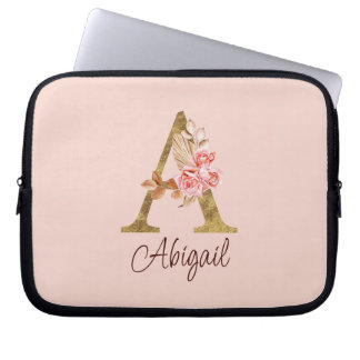 Custom Name Gold Foil Blush Pink Roses Letter A Laptop Sleeve