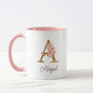 Custom Name Gold Foil Blush Pink Roses Letter A Mug