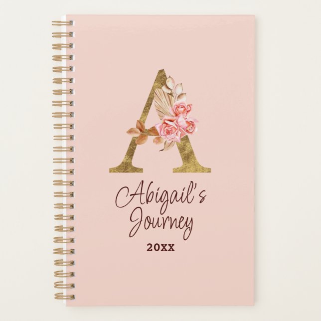 Custom Name Gold Foil Blush Pink Roses Letter A Planner (Front)