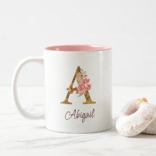 Custom Name Gold Foil Blush Pink Roses Letter A Two-Tone Coffee Mug