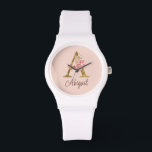Custom Name Gold Foil Blush Pink Roses Letter A Watch<br><div class="desc">Custom Name Gold Foil Blush Pink Roses Letter A design features a stylish floral monogram with elegant shimmer—perfect for feminine themes,  romantic occasions,  and personalised name customisation. Click 'Personalise' to customise with your name or a loved one’s.</div>