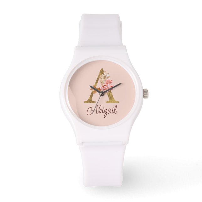 Custom Name Gold Foil Blush Pink Roses Letter A Watch (Front)