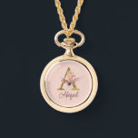 Custom Name Gold Foil Blush Pink Roses Letter A Watch<br><div class="desc">Custom Name Gold Foil Blush Pink Roses Letter A design features a stylish floral monogram with elegant shimmer—perfect for feminine themes,  romantic occasions,  and personalised name customisation. Click 'Personalise' to customise with your name or a loved one’s.</div>