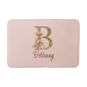 Custom Name Gold Foil Blush Pink Roses Letter B Bath Mat