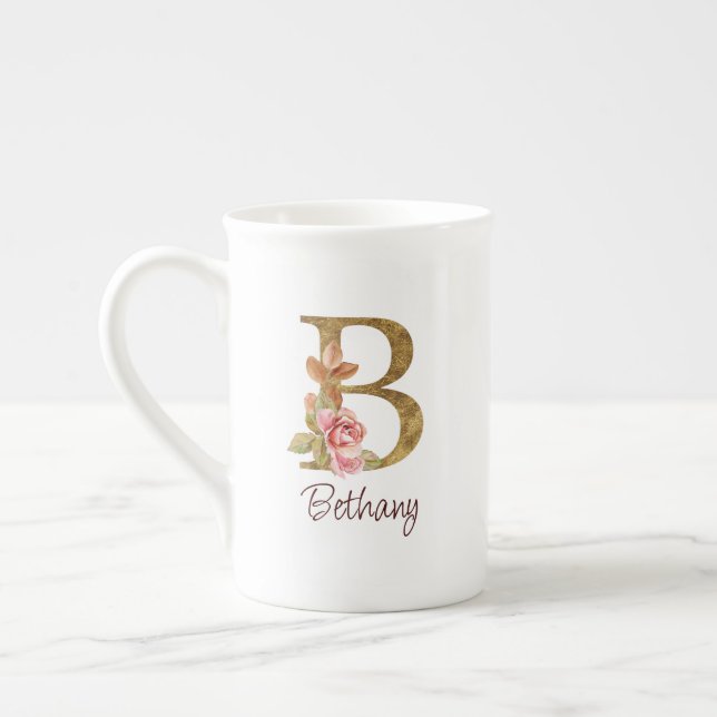 Custom Name Gold Foil Blush Pink Roses Letter B Bone China Mug (Left)