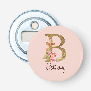 Custom Name Gold Foil Blush Pink Roses Letter B Bottle Opener