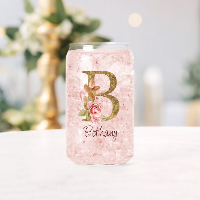 Custom Name Gold Foil Blush Pink Roses Letter B Can Glass (Insitu (Wedding))