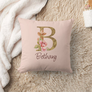 Custom Name Gold Foil Blush Pink Roses Letter B Cushion