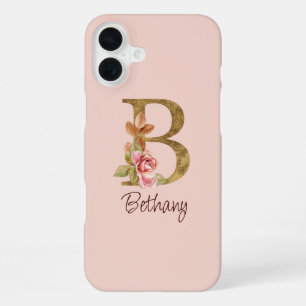Custom Name Gold Foil Blush Pink Roses Letter B iPhone 16 Plus Case