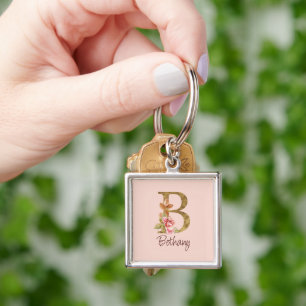 Custom Name Gold Foil Blush Pink Roses Letter B Key Ring