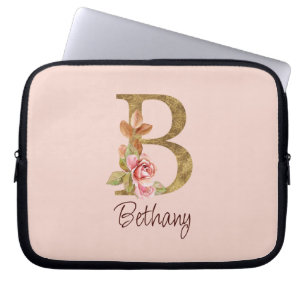 Custom Name Gold Foil Blush Pink Roses Letter B Laptop Sleeve