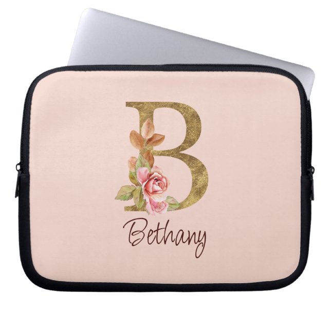 Custom Name Gold Foil Blush Pink Roses Letter B Laptop Sleeve (Front)