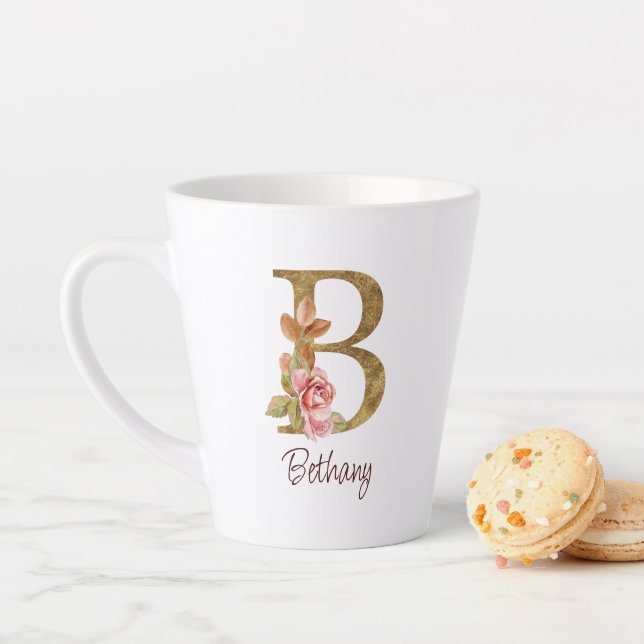 Custom Name Gold Foil Blush Pink Roses Letter B Latte Mug (In Situ)