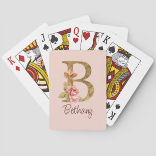 Custom Name Gold Foil Blush Pink Roses Letter B Playing Cards