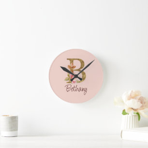 Custom Name Gold Foil Blush Pink Roses Letter B Round Clock