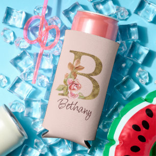 Custom Name Gold Foil Blush Pink Roses Letter B Seltzer Can Cooler