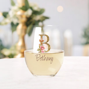Custom Name Gold Foil Blush Pink Roses Letter B Stemless Wine Glass