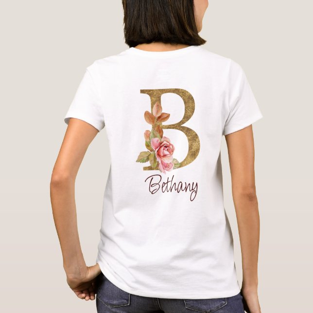 Custom Name Gold Foil Blush Pink Roses Letter B T-Shirt (Back)