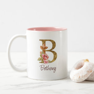 Custom Name Gold Foil Blush Pink Roses Letter B Two-Tone Coffee Mug