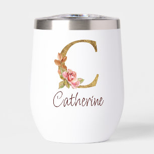 Custom Name Gold Foil Blush Pink Roses Letter C