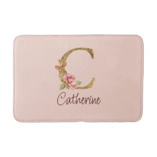 Custom Name Gold Foil Blush Pink Roses Letter C Bath Mat