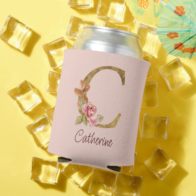 Custom Name Gold Foil Blush Pink Roses Letter C Can Cooler (In Situ Summer)