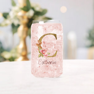 Custom Name Gold Foil Blush Pink Roses Letter C Can Glass