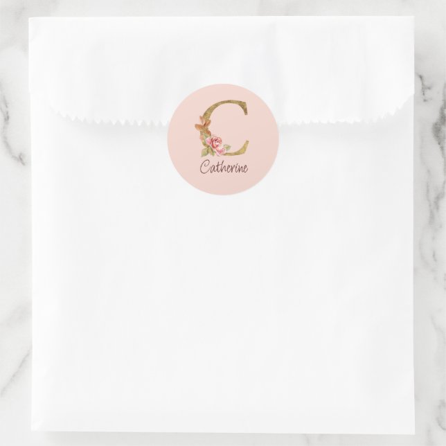 Custom Name Gold Foil Blush Pink Roses Letter C Classic Round Sticker (Bag)