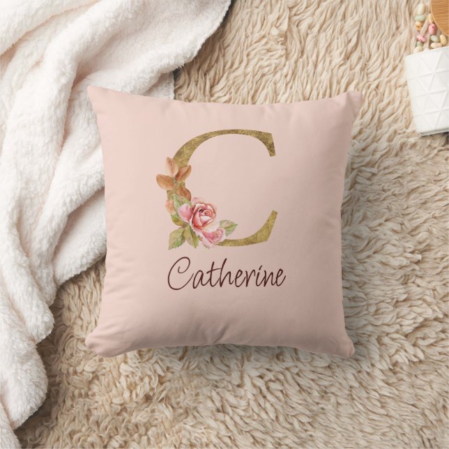 Custom Name Gold Foil Blush Pink Roses Letter C Cushion (Blanket)