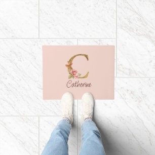 Custom Name Gold Foil Blush Pink Roses Letter C Doormat