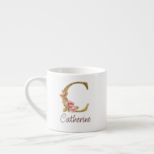 Custom Name Gold Foil Blush Pink Roses Letter C Espresso Cup (Left)