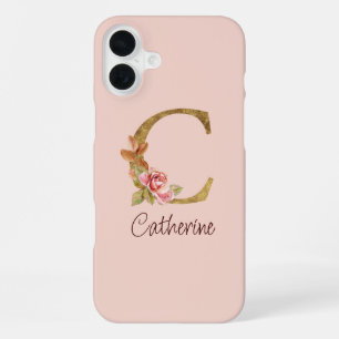 Custom Name Gold Foil Blush Pink Roses Letter C iPhone 16 Plus Case